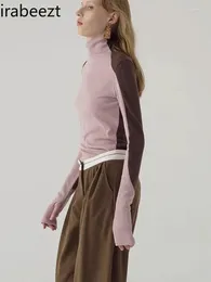T-shirt à manches longues pour femmes, mode française de haute qualité, couleur assortie, col tricoté, bas, Slim, automne et hiver