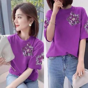 T-shirts pour femmes Fashion Fashion Hollowed-out à manches courtes Tshirt Femme Tops décontractés Star Sequin pour les femmes 2024 Summer Korean Style