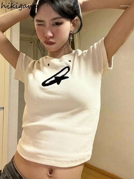 T-shirts Femmes Mode coréenne Crop Tops T-shirts décontractés pour femmes 2024 Ropa Mujer Broderie Y2K T-shirts à manches courtes Tunique à col rond Été