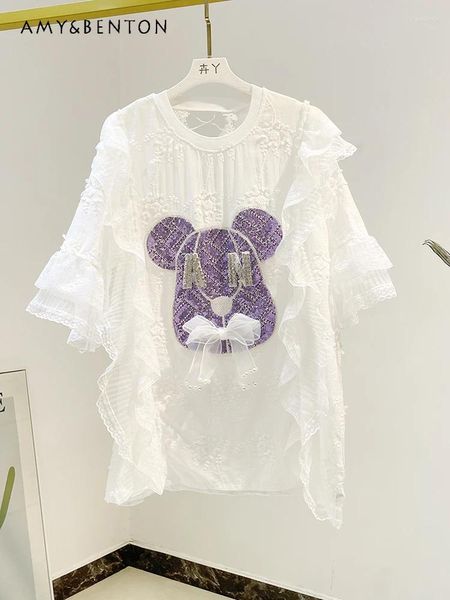 Camisetas de mujer Fashion Lace costando lentejuelas de caricatura