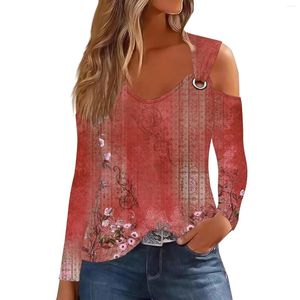 Dames T-shirts Mode Los T-shirt Lange mouw Metalen ring Retro Bloemenprint Casual Top Cropped Y2k Tops Schattig Tank Luxe