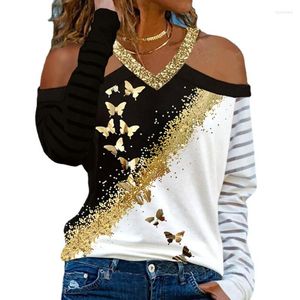 Dames T-shirts Mode Losse T-shirt Lange mouw Off Shoulder V-hals Tops Vlinder Gedrukt Casual Herfst