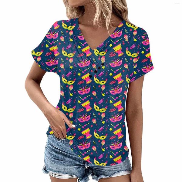 Camisetas de mujer Moda Mardi Gras Máscara Impresa Camiseta Plisada Botón V-Cuello Manga Corta Top