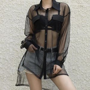 T-shirt en maille transparente pour femmes, noir, bouton supérieur, couleur unie, Long, Cover-Up de plage, Sexy, ample, basique, tenue de soirée en boîte de nuit, été 2024