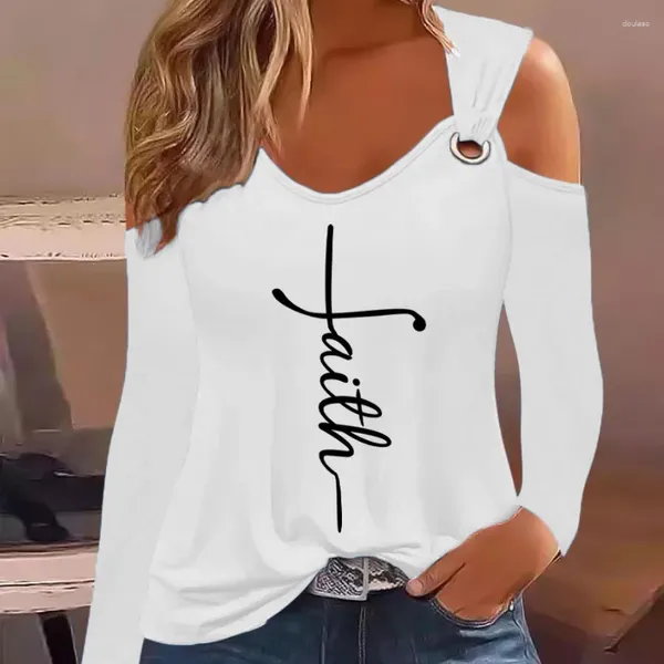 Camisetas para mujer, camisa con estampado de Metal de manga larga y cuello redondo a la moda para mujer, camiseta blanca sexi con hombros descubiertos para otoño 2023, camiseta para mujer