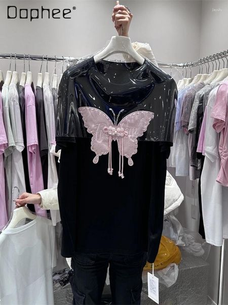 Camisetas para mujeres Fashion Pearl Butterfly Borded Half Sleep Top 2024 Summer Dimo de algodón suelto Camiseta de manga corta