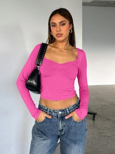 Dames T-shirts Mode Roze T-shirts Herfst Skinny Lange Mouw Elastische Streetwear Y2K Crop Top Dameskleding