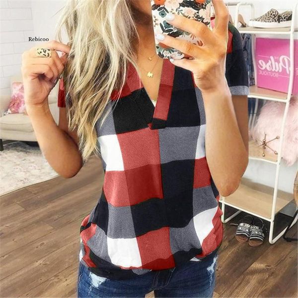 Camisetas de mujer, camisa a cuadros a la moda, camiseta de algodón, camiseta informal de verano para mujer, Túnica Sexy con cuello en V, Tops, Blusas de manga corta para mujer