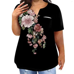 Camisetas de mujeres Fashion Fashion Place Manga corta Camiseta con estampado floral redondo con cuello redondo con bolsillos Top Blusa 2024