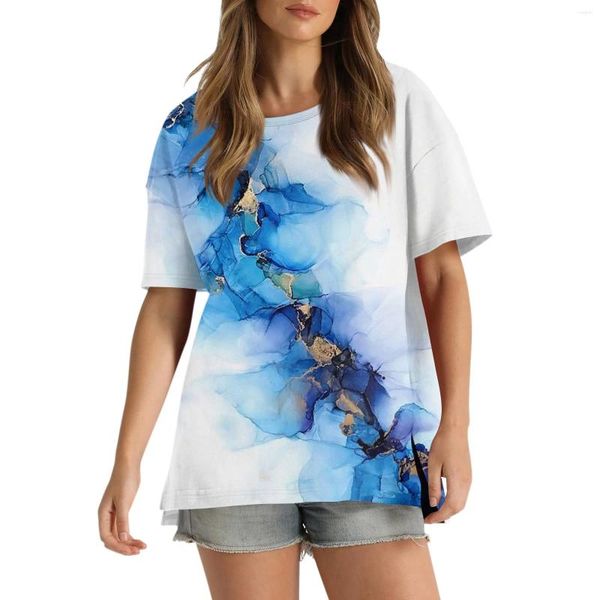 Camisetas de mujer Moda Impreso para mujer Camisetas sueltas de manga corta Dobladillo dividido Blusa con cuello Scook Camisa de vestir de calle de tipo delgado Coqueta