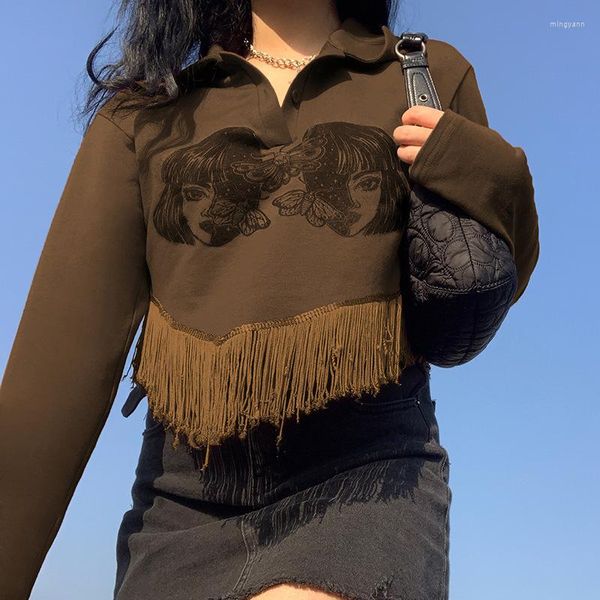 Camisetas de mujer, suéter holgado con solapa de flecos estampado a la moda, suéter para mujer, camiseta de otoño 2023 para mujer, ropa estética