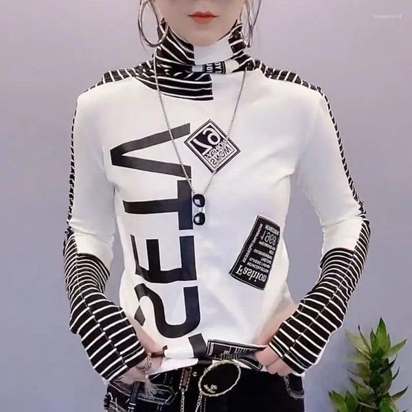 T-shirts pour femmes Mode imprimé lettre épissé rayé t-shirt décontracté chemise femme vêtements 2024 automne hiver pulls tout-match coréen