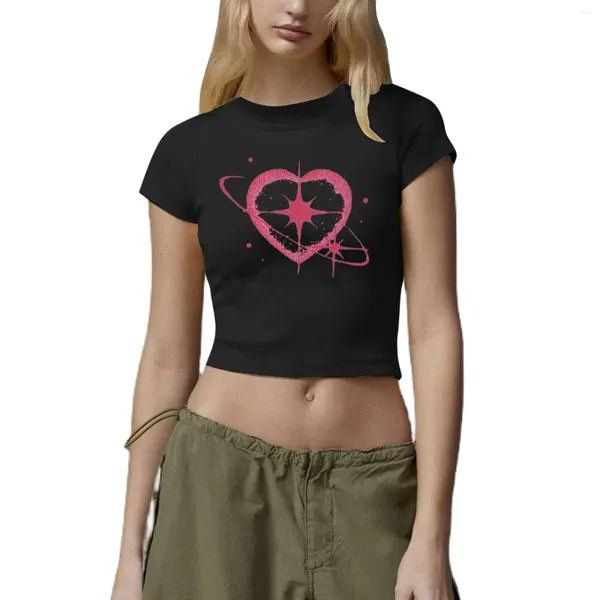 Camisetas para mujer Moda Impreso Tops cortos de verano Negro Y2K Ropa de calle Sexy Camisetas ajustadas de manga corta para mujer Camiseta delgada para bebé Ropa de los años 2000