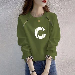 Camisetas con estampado de moda para mujer, camiseta de dos piezas falsa a cuadros empalmadas, ropa femenina, jerséis informales de otoño 2024, camiseta coreana