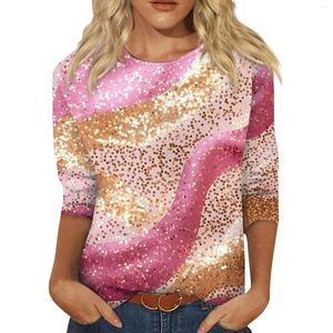 Dames T-shirts Mode Gesimuleerde Lovertjes Gedrukt Patroon T-shirt Voor Vrouwen Driekwart Mouw Vrouwelijke Blouse Casual Kleding Tops