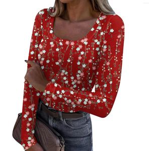 Dames T-shirts Mode Slanke onderkant T-shirt Casual Retro Bloemenprint U-hals Trui met lange mouwen Top Officiële winkel Ropa De Mujer