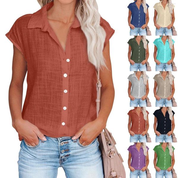 Camisetas de mujer, camisa de Color sólido a la moda, blusa Vintage de manga corta informal con un solo pecho, blusa versátil, ropa femenina