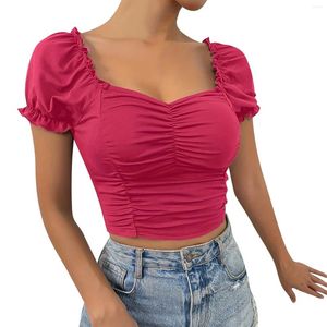 Dames t -shirts mode vierkante nek slanke kant korte mouw geplooide ontwerp vaste kleur top bijgesneden y2k tops schattige tank