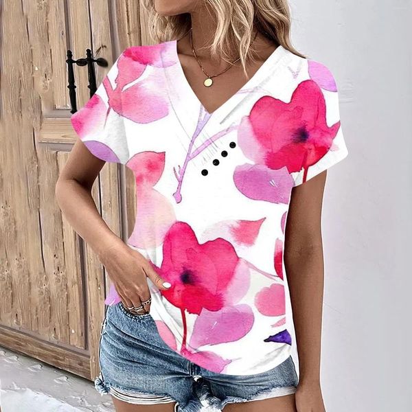 Camisetas para mujer Camiseta de moda Ropa con estampado de flores 3d Tops de manga corta con cuello en V Botón de verano Jersey para mujer Camisetas de gran tamaño para mujer