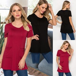 T-shirts pour femmes mode T-shirt femmes élastique basique chemise unie avec poche hauts à manches courtes couleur Pure T-shirt court été