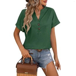 T-shirts pour femmes mode col en v bouton T-Shirt couleur unie ample manches courtes haut Blusa Mujer Moda 2024 Koszulki Camisetas Femininas