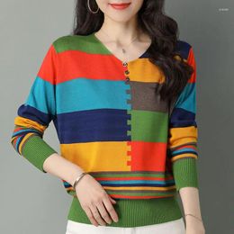T-shirts pour femmes Mode Col V Bouton Épissé Tout-match T-Shirt Vêtements 2024 Automne Hiver Surdimensionné Hauts Décontractés T-shirt Coréen