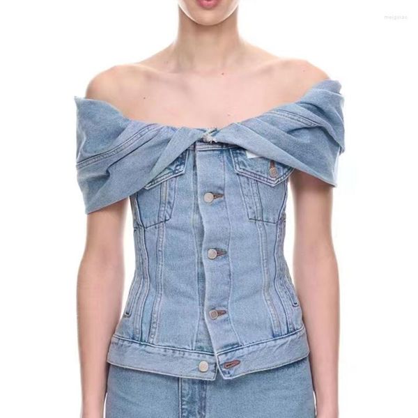 T-shirts pour femmes mode veste en jean polyvalente Y2k sans bretelles mince section courte 2023 printemps T-shirt cent col décontracté hauts