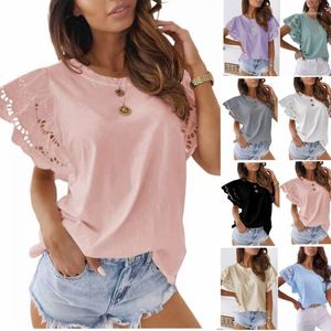 Femmes t-shirts mode femmes évider hauts été à manches courtes Blouse solide lâche Blusas femme dentelle Crochet travail Chemise