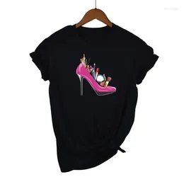 Camisetas para mujer Moda Mujer Camisa Zapatos de tacones altos rojos y lápiz labial Imprimir Mujer Harajuku Tops Tee 90s Ladies
