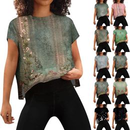 T-shirts pour femmes à la mode fente rétro imprimé rond cou chout épaule à manches courtes t-shirt d'été cool et top baisse respirant