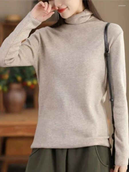 Camisetas de mujer, suéter inferior cálido de mezcla de lana a la moda para jersey elástico de punto de cuello alto con una parte superior debajo