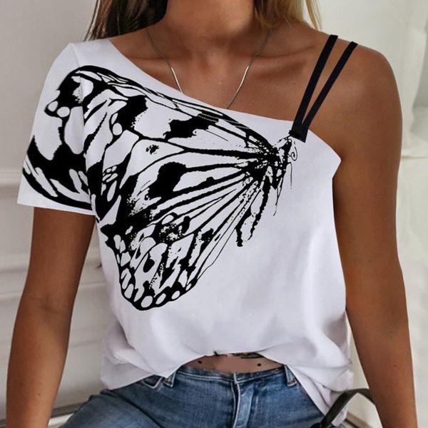 T-shirts féminins Fashsiualy Femmes Summer Tops décontractés One épaule papillon imprimé en vrac à manches blanches