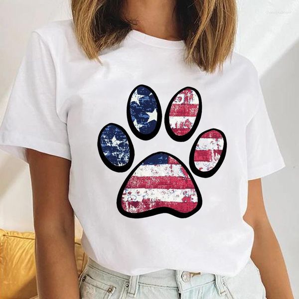 Camisetas para mujer, ropa de dibujos animados para mujer, camisetas con estampado bonito para mujer, camiseta gráfica para mujer, bandera de América con perro, amor, Animal, informal