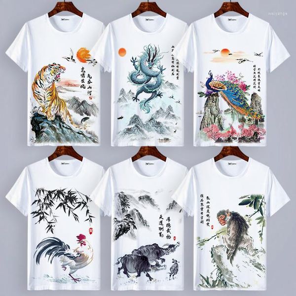 T-shirts pour femmes Femme Style chinois T-shirt à manches courtes Femme Signes du zodiaque Peinture à l'encre Texte animal Impression d'été Tshirt Camisetas