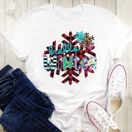 Camisetas para mujer Camisa de manga corta para mujer Camiseta para mujer Gráfico Copo de nieve Letras a cuadros Lindo Feliz Navidad Camisetas Ropa Imprimir Tops