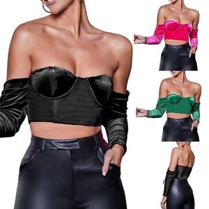 Camisetas para mujer, Tops de tubo ajustados de terciopelo para mujer, Color sólido, sin tirantes, manga larga, muestra el ombligo, recortado con cremallera trasera