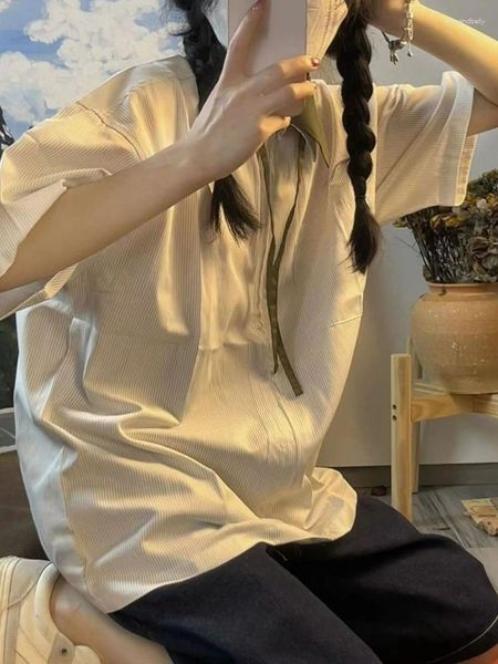 T-shirts Femmes Femme Harajuku Patchwork Blusas Tops Stripe Zipper Grunge Blouse Femmes Streetwear Mode Y2k Esthétique Court Seeve Shirt