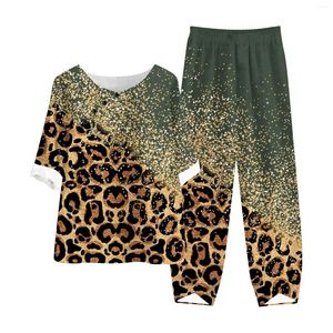 T-shirt à manches cinq-quarts pour femmes, haut et pantalon imprimé léopard, ample, costume deux pièces, 9 couleurs, printemps et été