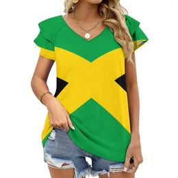 T-shirts pour femmes drapeau de la jamaïque col de feuille de lotus T-shirt pour femmes mignons hauts élégants T-shirts à manches longues décontracté jamaïcain