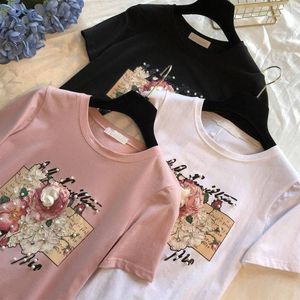 Dames t shirts bloemen parelcamisetas mujer zomer t-shirt appliques 3d kralen dame shirt print t-shirts vrouw tee top uitleiding femme