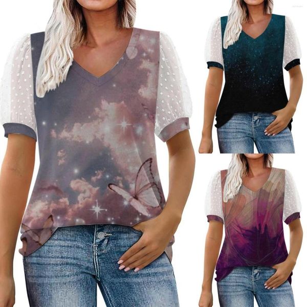 T-shirts pour femmes imprimé floral maille moelleux à manches courtes bulle femmes col en V coton Spandex t-shirt Petite maquette col roulé femmes