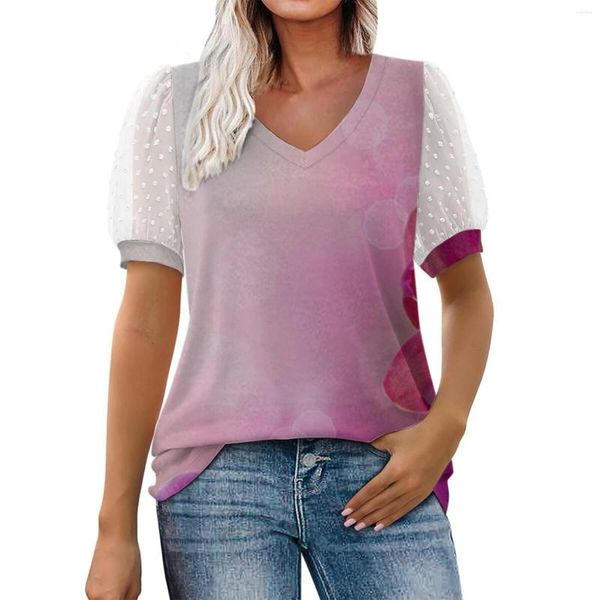 Camisetas de mujer con estampado Floral de malla esponjosa de manga corta Bubble V también blusas de manga larga para mujer camisa de Navidad para mujer