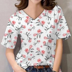 T-shirts pour femmes Motif de fleurs florissantes T-shirts à col en V pour femmes Casual Lady Manches courtes Pull surdimensionné Tops à la mode