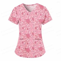 T-shirts pour femmes, Uniforme de Rose à fleurs, uniformes de poche à col en v pour la saint-valentin, lettres d'amour, blouses d'allaitement, hauts Uniforme Enfermera