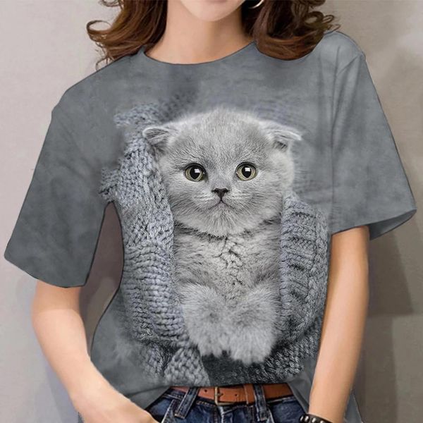 Camisetas de mujer para niñas, camiseta gráfica con estampado de gato en 3D, camisetas de manga corta informales a la moda de verano para mujer, ropa Y2k para mujer