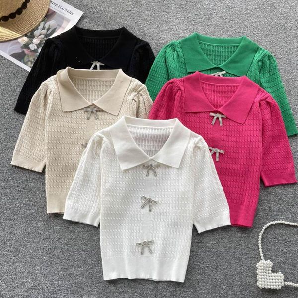 T-shirts pour femmes pour femmes POLO col tricoté à manches courtes t-shirts nœud diamant T-shirt femme mode coréenne casual T-shirt été livraison directe
