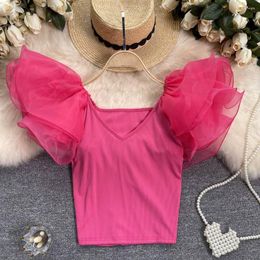 Dames t shirts voor vrouwen solide v-neck bloemblaadjes gaas zomer streetwear high strecth Koreaanse mode dames tops pullover druppel