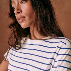 T-shirts Femmes Français Pinstripe Sea Soul Chemise Rafraîchissante Bleu Et Blanc À Manches Courtes Col Rond Femmes Lâche Top Épaule T-shirt