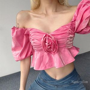 Camisetas de mujer Camisa recortada de estilo francés para mujer Tridimensional Rosa Floral Manga corta abullonada Todo-fósforo Top de vacaciones Blusas Verano