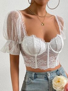 Dames T-shirts Franse Vintage Corset Crop Tanks Tops Kant Bloemen Vrouwen Mesh Sheer Sexy Bustiers Korte Mouw Party Slim tees